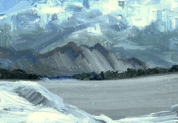 Winter scene painting. 2d illustration. Frozen landscape. © Jakub
