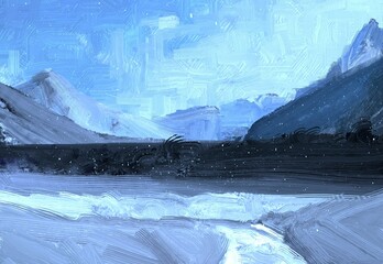 Winter scene painting. 2d illustration. Frozen landscape.