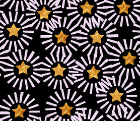 Abstract Brush Radial Circles Golden Textured Stars Seamless Pattern Trendy Fashion Color Design