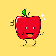 cute red apple character with smile and happy expression, two hands clenched and sparkling eyes. green and red. suitable for emoticon, logo, mascot and icon