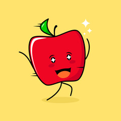 cute red apple character with smile and happy expression, run, two hands up and sparkling eyes. green and red. suitable for emoticon, logo, mascot and icon