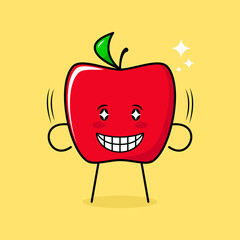cute red apple character with smile and happy expression, sparkling eyes and smiling. green and red. suitable for emoticon, logo, mascot and icon