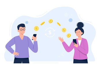 Woman send money from smartphone to male colleague or coworker. People make contactless cash or currency transactions on the internet. Easy banking and payment concept. Vector flat illustration. - obrazy, fototapety, plakaty