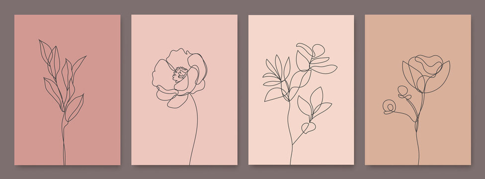 Vector set of monoline drawing flowers, leaves print set, nature one line botanical posters. Art, aesthetic contour. Use for Home Decor, t-shirt Print, Mobile Case