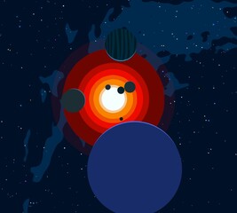 Vast, cold space. Cartoon style distant galaxies digital art. Interstellar Nebulae. Interplanetary space. Mysterious universe. Deep cosmos. Science fiction background with planets and moons.