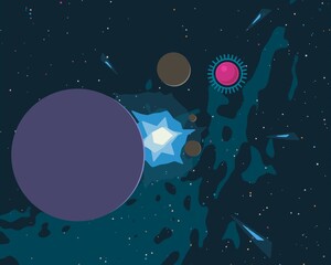 Vast, cold space. Cartoon style distant galaxies digital art. Interstellar Nebulae. Interplanetary space. Mysterious universe. Deep cosmos. Science fiction background with planets and moons.