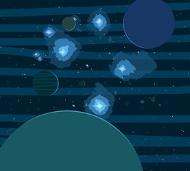 Vast, cold space. Cartoon style distant galaxies digital art. Interstellar Nebulae. Interplanetary space. Mysterious universe. Deep cosmos. Science fiction background with planets and moons.