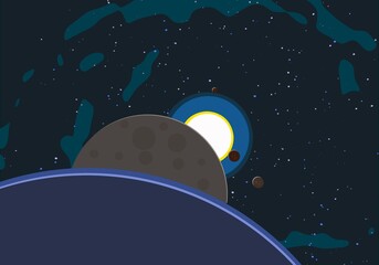 Vast, cold space. Cartoon style distant galaxies digital art. Interstellar Nebulae. Interplanetary space. Mysterious universe. Deep cosmos. Science fiction background with planets and moons. © Jakub