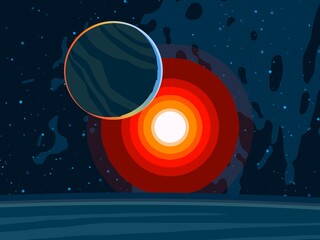 Vast, cold space. Cartoon style distant galaxies digital art. Interstellar Nebulae. Interplanetary space. Mysterious universe. Deep cosmos. Science fiction background with planets and moons. © Jakub