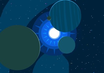 Vast, cold space. Cartoon style distant galaxies digital art. Interstellar Nebulae. Interplanetary space. Mysterious universe. Deep cosmos. Science fiction background with planets and moons. © Jakub