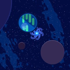 Vast, cold space. Cartoon style distant galaxies digital art. Interstellar Nebulae. Interplanetary space. Mysterious universe. Deep cosmos. Science fiction background with planets and moons. © Jakub