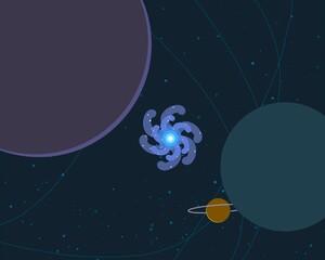 Vast, cold space. Cartoon style distant galaxies digital art. Interstellar Nebulae. Interplanetary space. Mysterious universe. Deep cosmos. Science fiction background with planets and moons. © Jakub