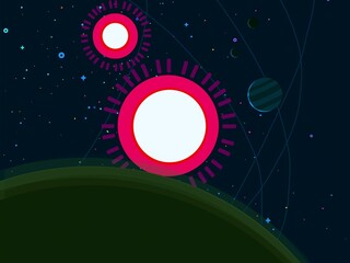 Vast, cold space. Cartoon style distant galaxies digital art. Interstellar Nebulae. Interplanetary space. Mysterious universe. Deep cosmos. Science fiction background with planets and moons. © Jakub