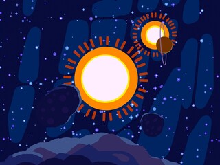 Vast, cold space. Cartoon style distant galaxies digital art. Interstellar Nebulae. Interplanetary space. Mysterious universe. Deep cosmos. Science fiction background with planets and moons. © Jakub