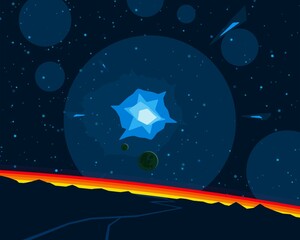 Vast, cold space. Cartoon style distant galaxies digital art. Interstellar Nebulae. Interplanetary space. Mysterious universe. Deep cosmos. Science fiction background with planets and moons. © Jakub