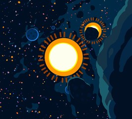 Vast, cold space. Cartoon style distant galaxies digital art. Interstellar Nebulae. Interplanetary space. Mysterious universe. Deep cosmos. Science fiction background with planets and moons. © Jakub