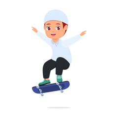 cute boy playing skateboard, white background