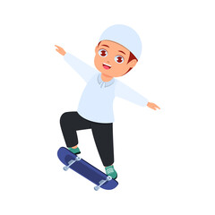 cute boy playing skateboard, white background