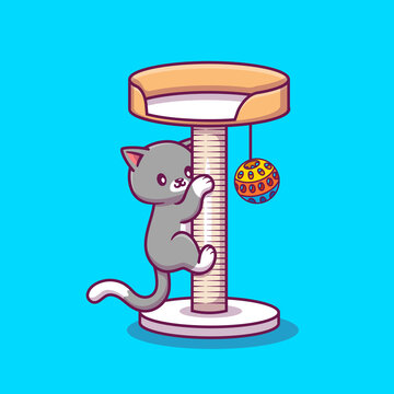 Cute Cat Climbing And Playing Ball Cartoon Vector Icon Illustration. Animal Nature Icon Concept Isolated Premium Vector. Flat Cartoon Style