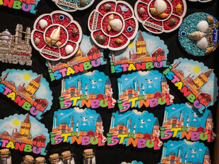 Bright turkish magnets souvenirs with the inscription Istanbul are sold in the store. Turkey. Istanbul. 06.10.2021.