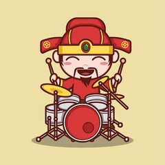 cute cartoon caishen god in chinese new year playing drums. vector illustration for mascot logo or sticker