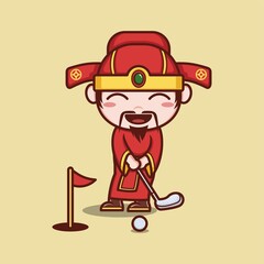 cute cartoon god caishen in the chinese new year, bringing golfing. vector illustration for mascot logo or sticker