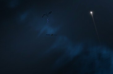 Bright star in deep, cold space. Blue empty universe art. Science fiction illustration.