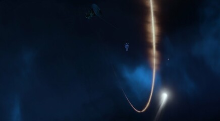 Bright star in deep, cold space. Blue empty universe art. Science fiction illustration.