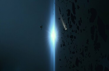 Bright star in deep, cold space. Blue empty universe art. Science fiction illustration.