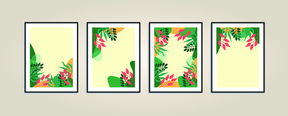 Wall art design. Canvas painting for the rooms. Tropical leaves background. Summer poster element for interior design of office, dinning, and bed room . 