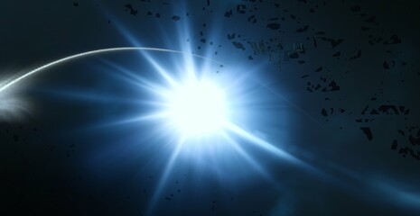 Bright star in deep, cold space. Blue empty universe art. Science fiction illustration.