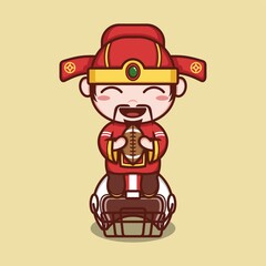 cute cartoon god caishen in chinese new year, bring to play rugby. vector illustration for mascot logo or sticker