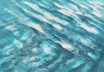 Blue lagoon water ripples with fish watercolor background