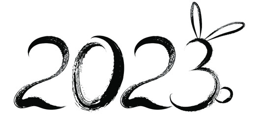 Hand drawn number lettering of 2023 with ink lines. Happy New Year of Rabbit. Greeting card design with brush calligraphy for holiday. Vector illustration