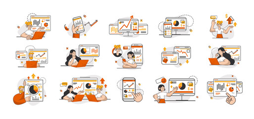 Obraz premium Big set of banking and financial trading Illustrations. Finance invest for web. Line stroke vector eps10. Simple trading symbol isolated on white background.
