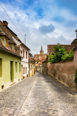 Colorful street in the historical center of Sibiu, Romania