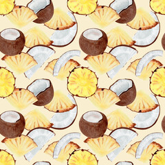 seamless pattern watercolor coconut and pineapple