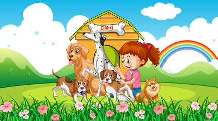 Obraz na płótnie Canvas Park scene with a girl playing with her dogs
