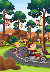 Park scene with monkey racing riders