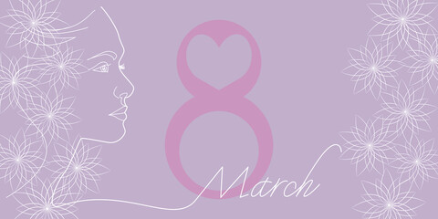 International Women's day illustration. Happy women's day lettering decoration with woman face and flower pattern.
Women's day concept illustration for frame, Banner, template and graphic design.