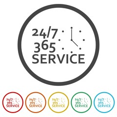 24 hours a day and 7 days a week service icon isolated on white background, color set