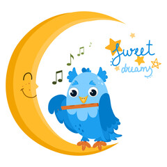A cute owl sits on the moon and sings on a musical instrument. Vector cartoon-style clipart isolated on a white background.