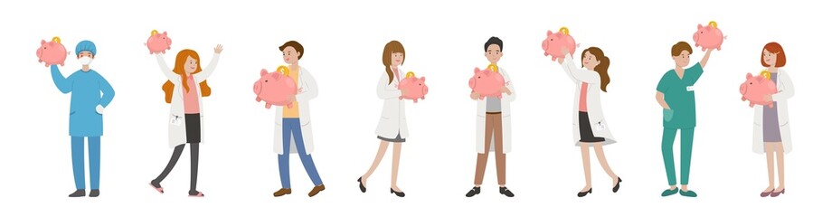 8 paramedics man or woman doctor group, medical worker with piggy bank, cartoon comic vector
