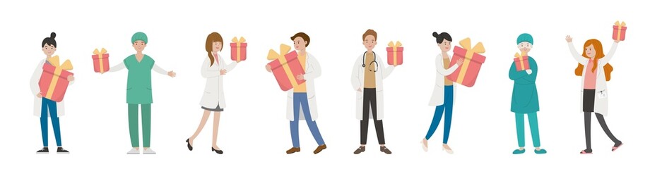 Fototapeta premium 8 paramedics man or woman doctor combination, medical worker with gift, cartoon comic vector