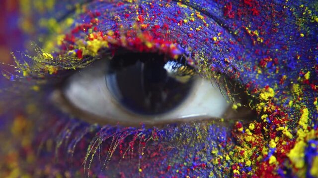 Closeup of eyes smeared with Holi colors, India