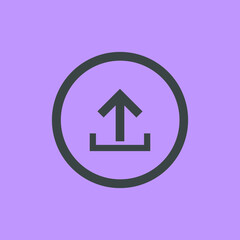 Upload Icon. Design vector sign symbol. Flat design style. Vector icon in circle isolated on purple background