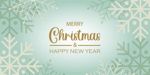 Happy New Year and Merry Christmas. Blue light holiday card with cute snowflakes. Trendy greeting banner. 