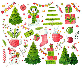 New Year's watercolor illustration. A set of illustrations on a white background.