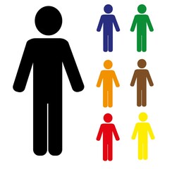 Pictogram of a person, figures of a man standing with a stick of different colors isolated on a white background