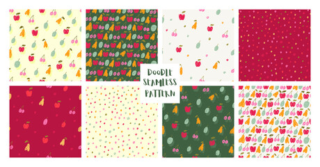 Сollection of 8 doodle patterns. Seamless vector texture with fruit and berries, dots. Patterns for fabric, wallpaper, background